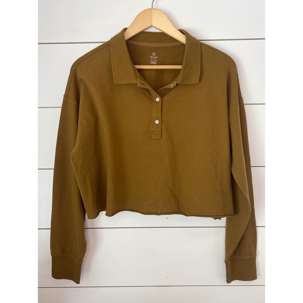 OFFLINE by Aerie Mustard Brown Cropped Polo Sweatshirt Long Sleeve Raw Hem Small